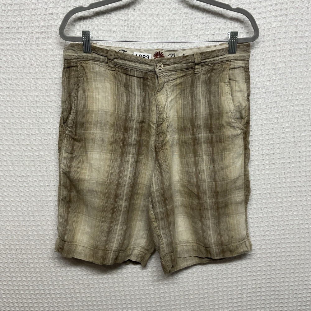 Tommy Bahama Linen Silk Blend Shorts Mens 34x10 Tan Plaid Paradise Nation Casual